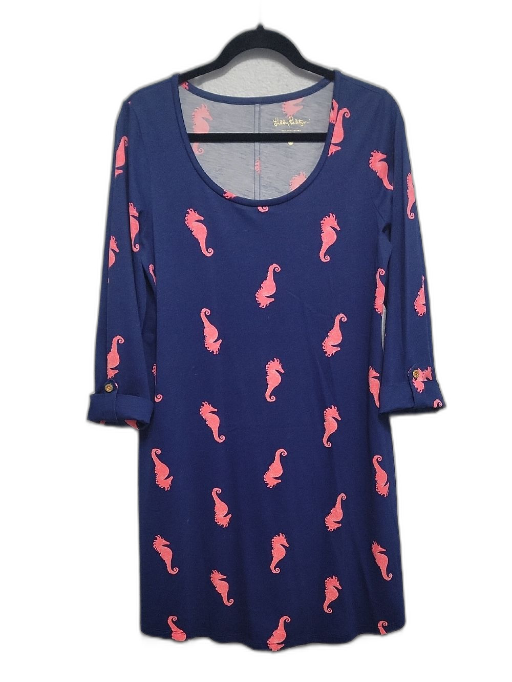 Lilly Pulitzer Navy Blue Scoop Neck Dress with Pink Seahorse Print